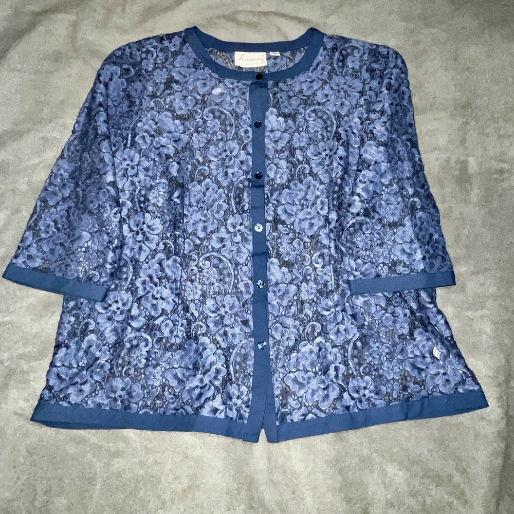 Women's Plus 18 Linea by Louis Dell'Olio Periwinkle Blue Lace Blouse Jacket QVC